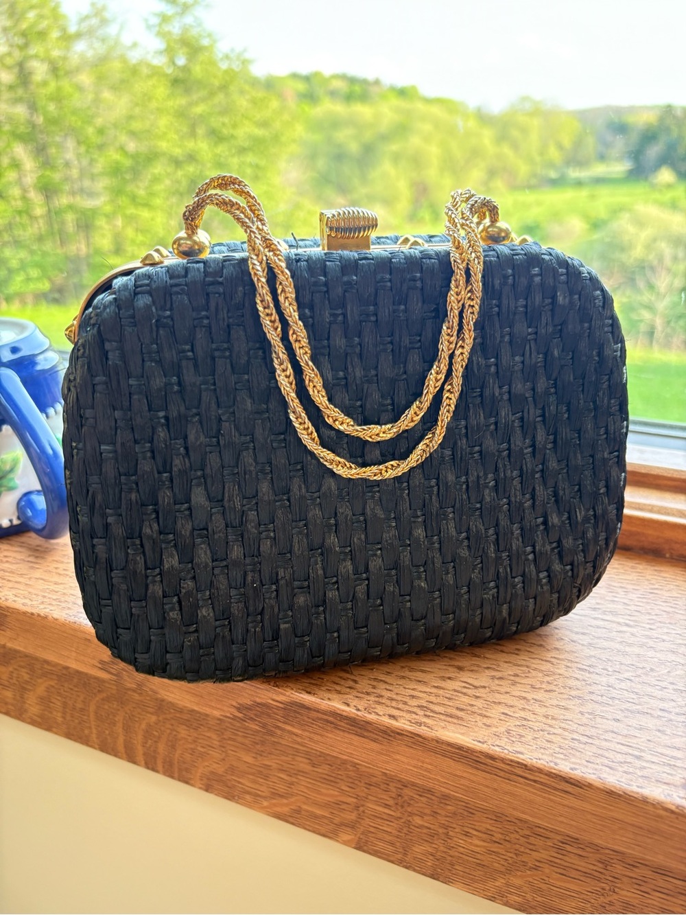 ROSENFELD Luxurious Black Basketweave Gold Hardware Box Purse c 1970 7 1/2” x 6”
